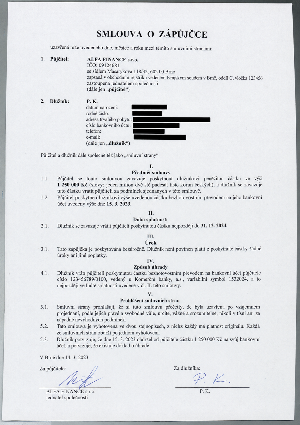 Insolvence – prodej pohledávky ze zápůjčky 1 250 000 Kč